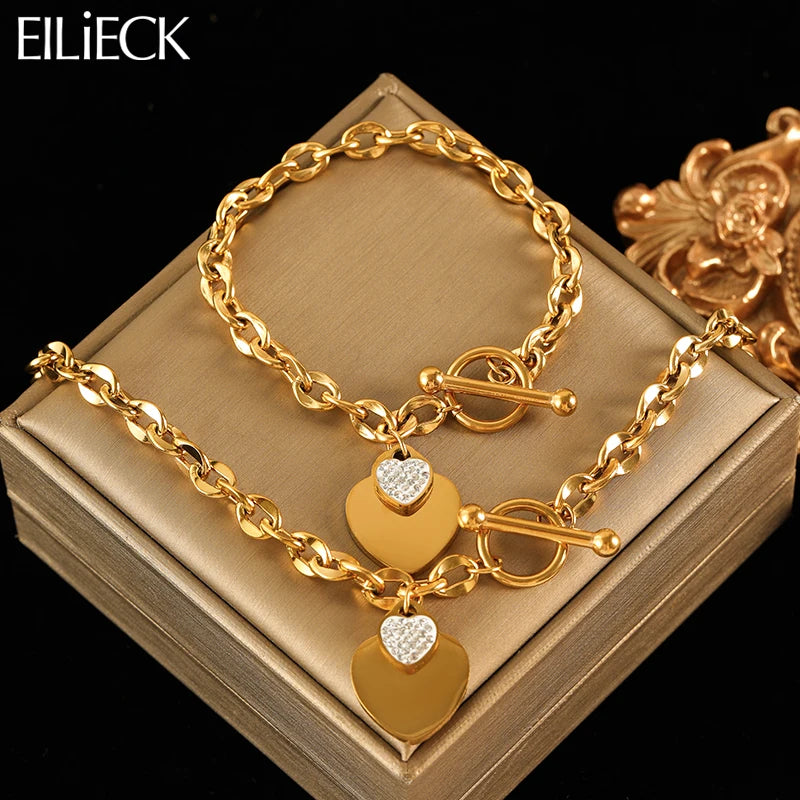 Elegant 3-Color Double Heart Necklace & Bracelet Set – Stainless Steel, Gold/Silver, Waterproof Crystal Jewellery for Women