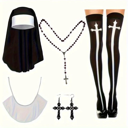 Accessory Set : Nun Costume Hat + Nun Collar+ Cross Pendent Necklace + Cross Print Stockings Ladie's Sexy Roleplay Set