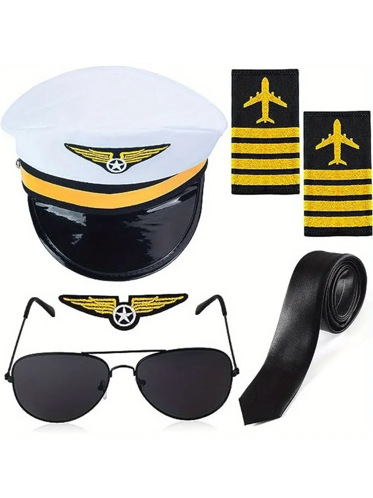 Pilot Clothing Set – Aviation Captain Outfit with Hat, Shoulder Badge, Tie & Sunglasses