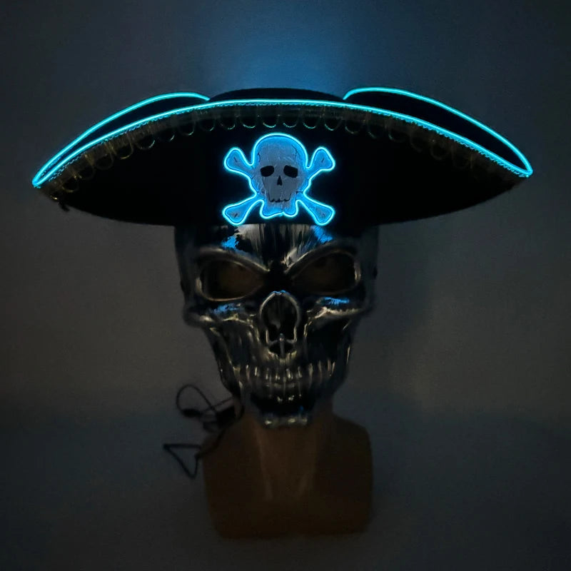 Glowing LED Pirate Hat – Black Skull Cap for Adults – Light-Up Halloween & Pirate Theme Party Costume Accessory