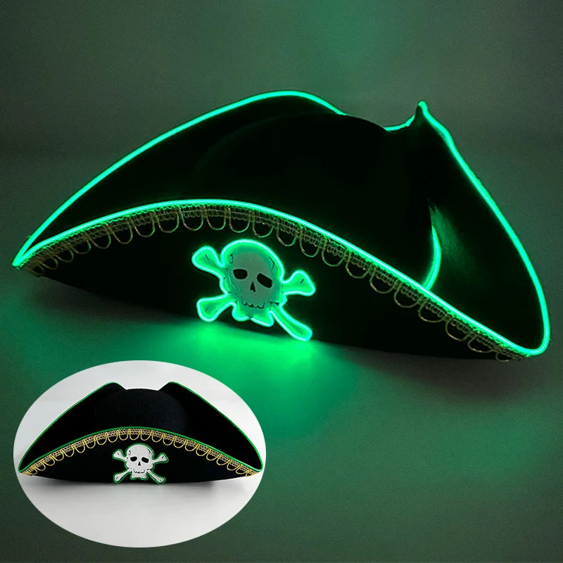 Glowing LED Pirate Hat – Black Skull Cap for Adults – Light-Up Halloween & Pirate Theme Party Costume Accessory