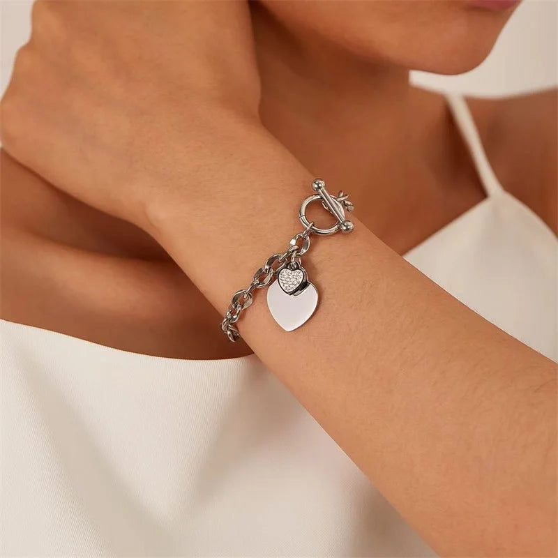 Elegant 3-Color Double Heart Necklace & Bracelet Set – Stainless Steel, Gold/Silver, Waterproof Crystal Jewellery for Women