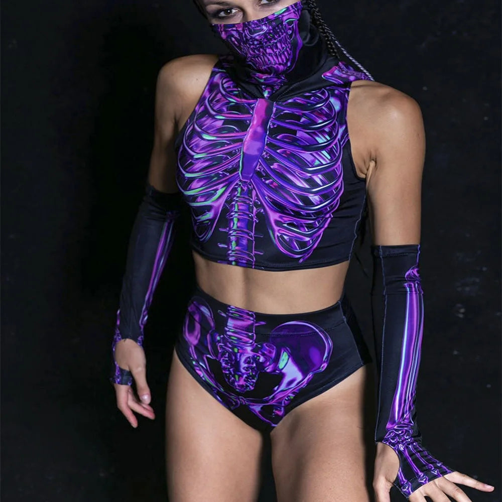 Women’s Cyberpunk Skeleton Print Two-Piece – Psychedelic Skull Crop Top & Shorts Set for Halloween, Raves & Dance Cosplay