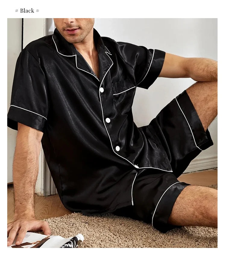 Men’s Satin Short Sleeve Pajama Set – Summer Sleepwear with Button-Down Shirt & Elastic Waist Shorts