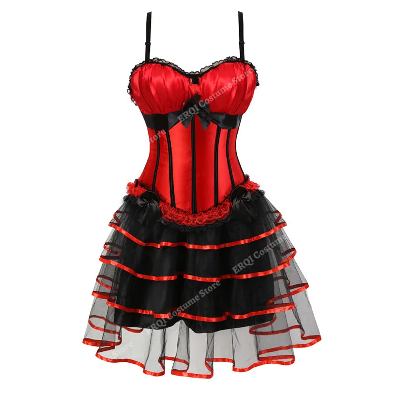 Sexy Red Corset Dress with Straps – Lace-Up Bustier Top & Mini Skirt Set, Showgirl Carnival Party Costume for Women