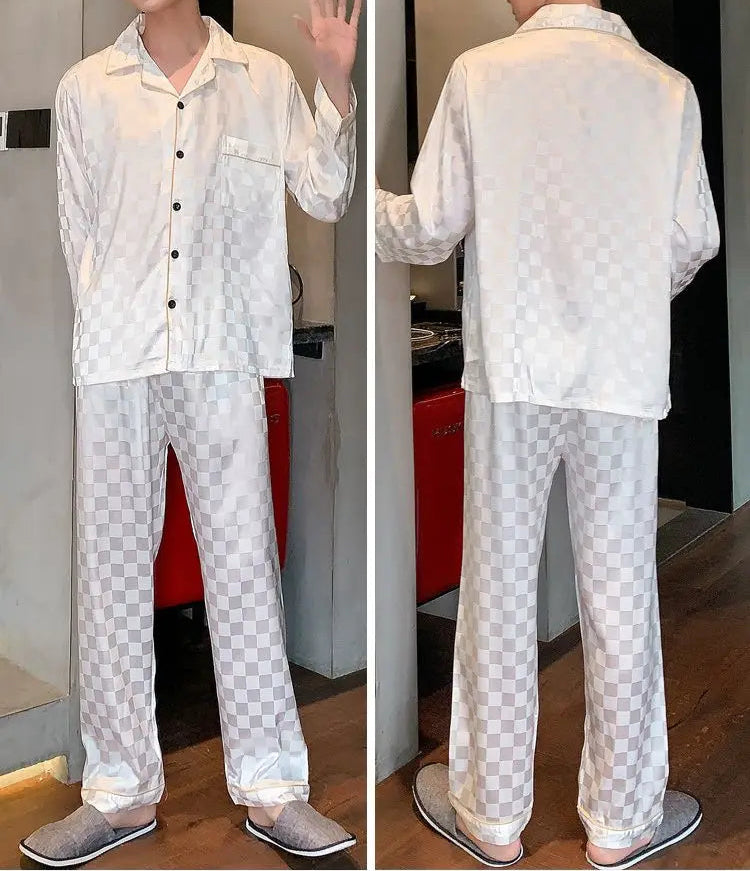 Men’s & Teen Boys Pajama Set – Thin Ice Silk Long Sleeve Sleepwear, Spring/Autumn Loungewear