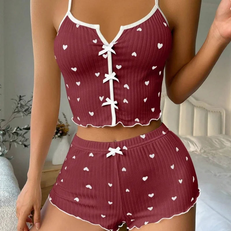 Heart Print Satin Sleepwear for Women – Sleeveless V-Neck Cami Top & Shorts Set
