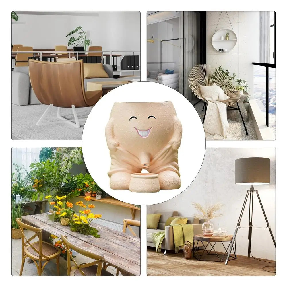 Human Face Flower Pot – Unique Fun Head Planter Vase with Drainage for Outdoor Plants, Garden, Patio, and Office Decor Funny Gift Present Peeing Boy