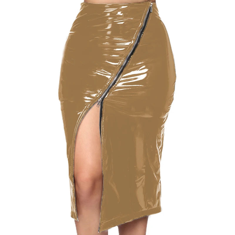 Seductive Women’s Full Zip Faux Leather PVC Pencil Skirt – High-Waisted Latex Skirt in 5XL, 6XL, 7XL for Nightclub & Party