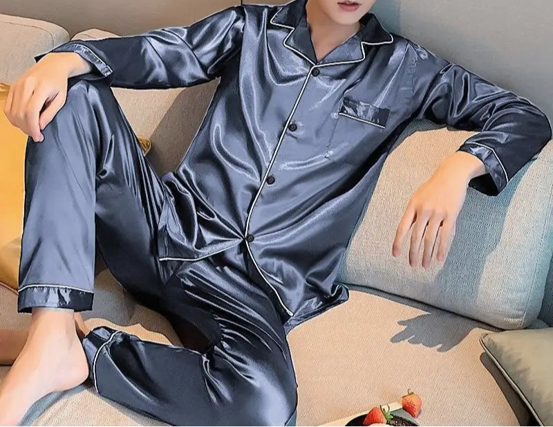 Men’s & Teen Boys Pajama Set – Thin Ice Silk Long Sleeve Sleepwear, Spring/Autumn Loungewear