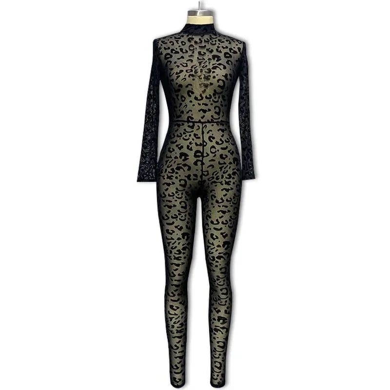 Sexy Lace See-Through Jumpsuit – Coquette Long Sleeve Stand Collar Clubwear for Women, Stretchy Night out Outfit