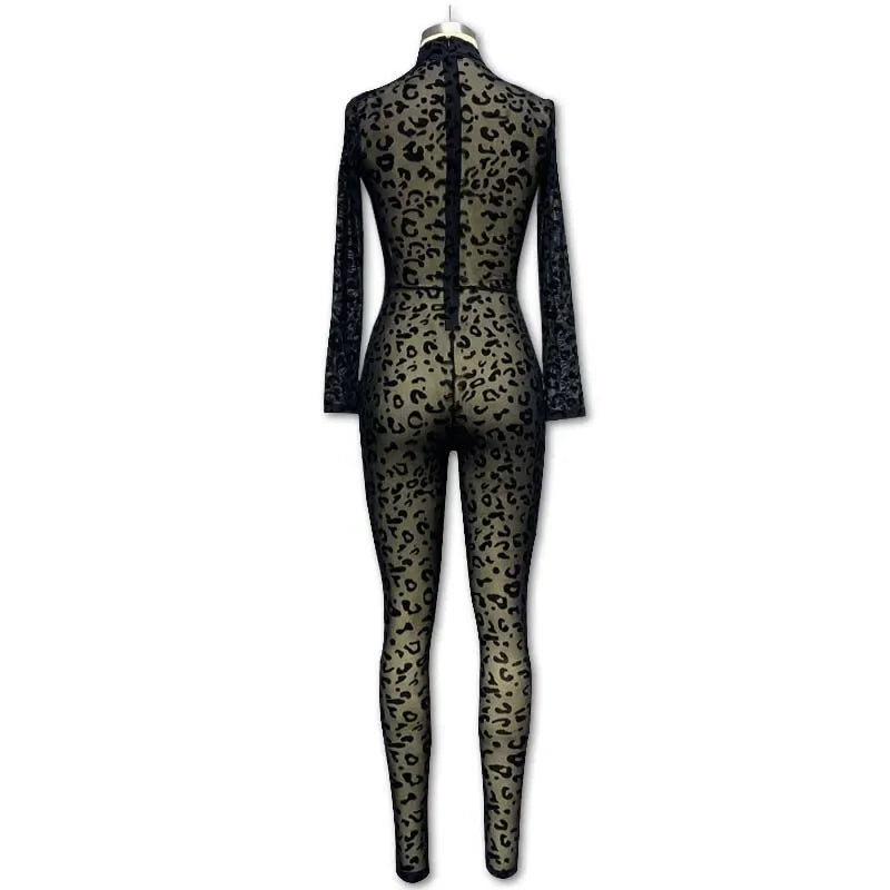 Popular Leopard Print Sheer Jumpsuit – Stand Collar, Long Sleeve, Tight-Fit Daily One-Piece for Women