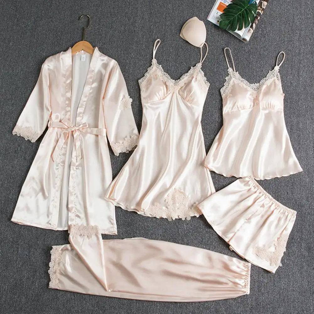 Elegant Women's 5-Piece Satin Pajama Set – Lightweight Lace Sleepwear with Robe, Dress, Top, Shorts & Pants