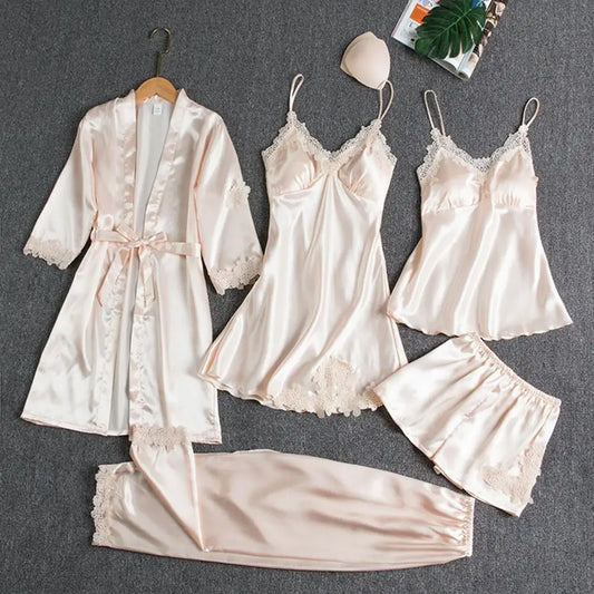 Elegant Women's 5-Piece Satin Pajama Set – Lightweight Lace Sleepwear with Robe, Dress, Top, Shorts & Pants
