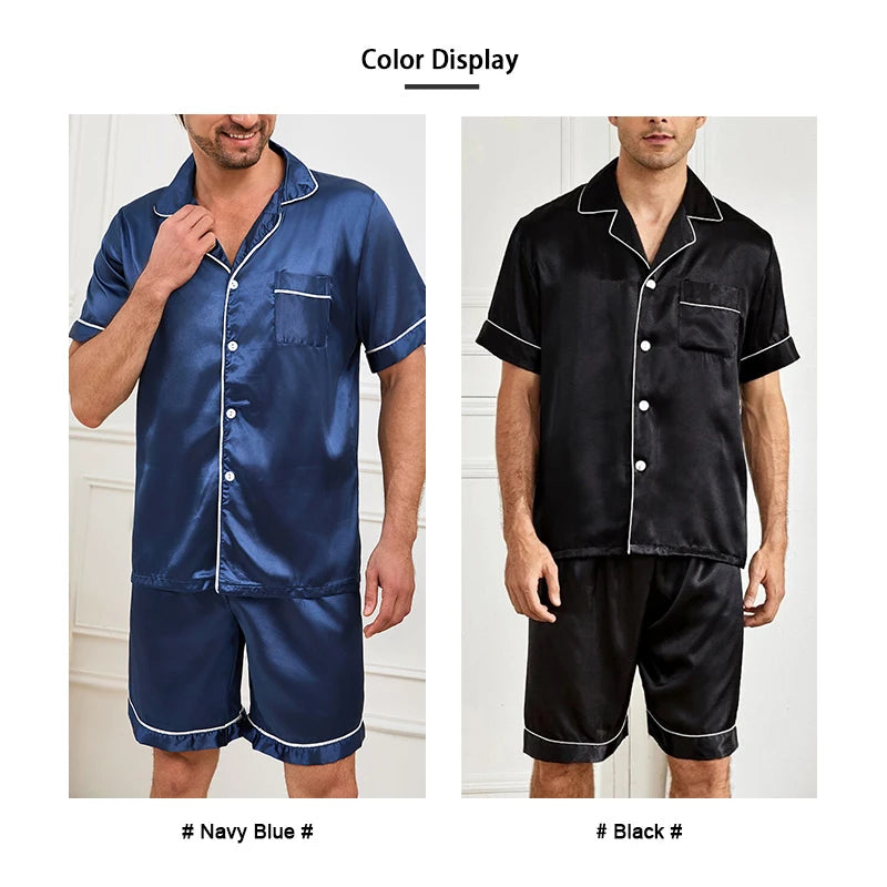 Men’s Satin Short Sleeve Pajama Set – Summer Sleepwear with Button-Down Shirt & Elastic Waist Shorts