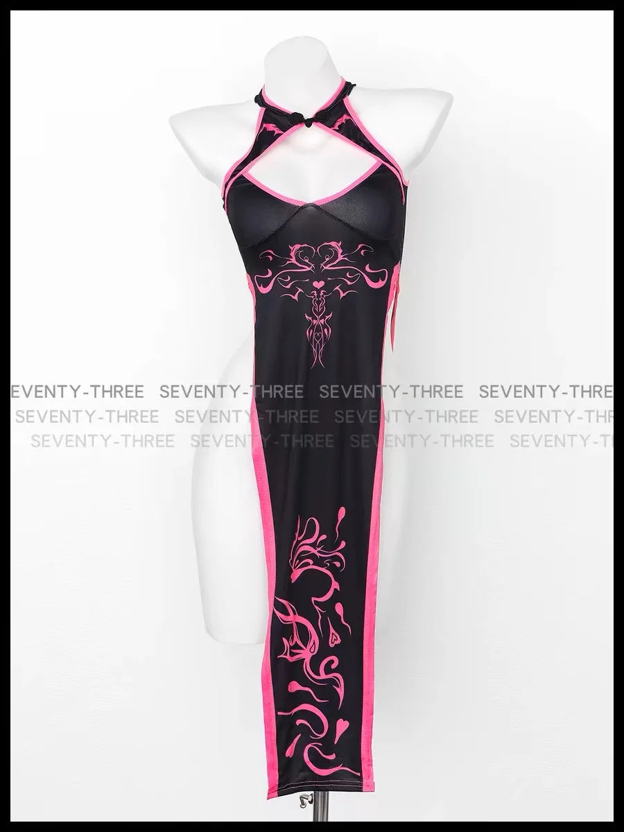 Sexy Retro Cheongsam Bodysuit & High-Slit Dress – Devilish Fairy Totem Demon Costume for Halloween & Cosplay