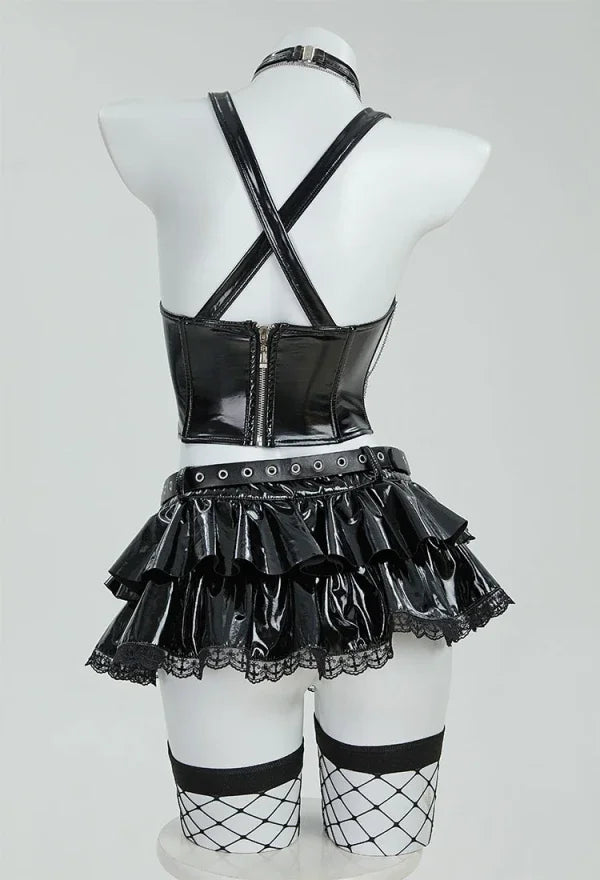 Sexy Gothic Misa Lingerie Set – Black Cami Top, Mini Skirt, Sleeves & Choker Cosplay Costume