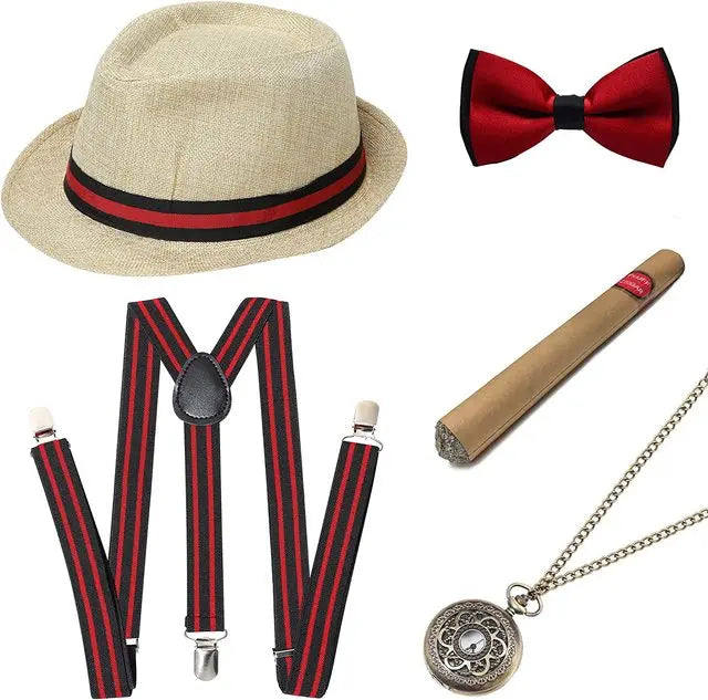 Roaring 20s Gatsby Gangster Accessory Kit – Vintage Panama Hat, Bow Tie & Suspenders for Dashing 1920s Cosplay or Speakeasy Style