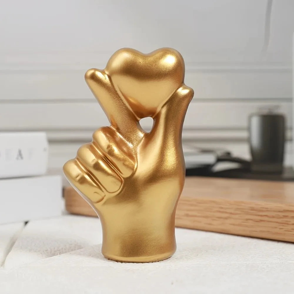 Luxury Heart Hand Gesture Sculpture – Modern Resin Desktop Ornament | Love Finger Art for Home, Office & Shelf Decor