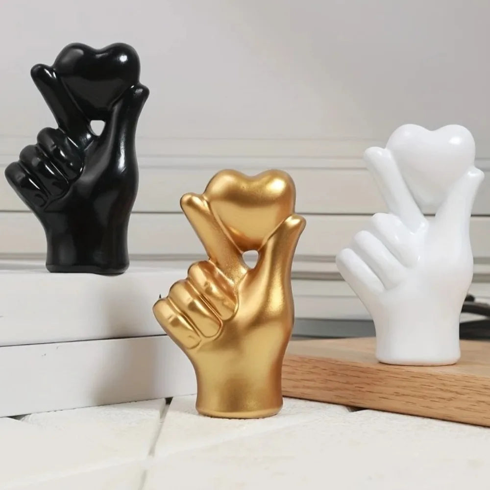 Luxury Heart Hand Gesture Sculpture – Modern Resin Desktop Ornament | Love Finger Art for Home, Office & Shelf Decor