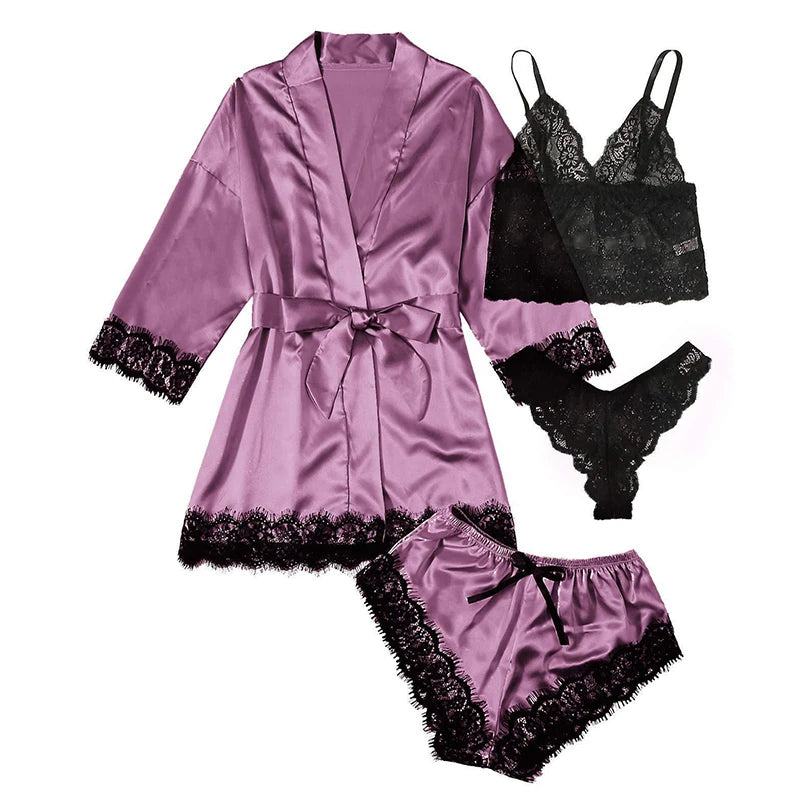 Luxury 4-Piece Satin & Lace Sleepwear Set – Sensual Summer Nightwear for Women