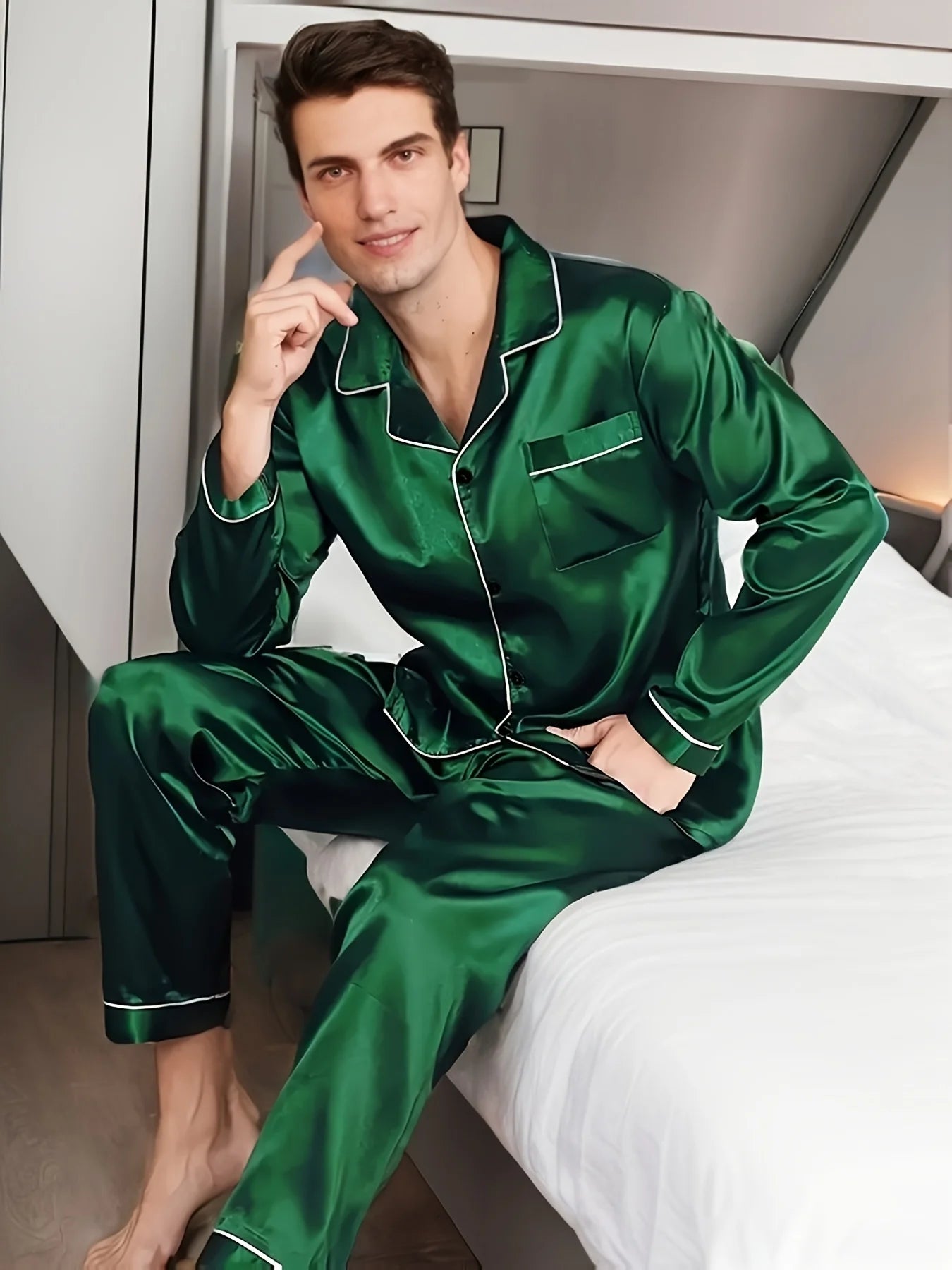 Men’s Silk-Feel Pijama Set – Long Sleeve Microfiber Sleepwear & Loungewear, Plus Size Home Nightwear