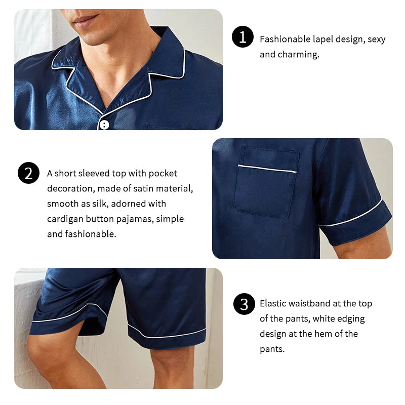 Men’s Satin Short Sleeve Pajama Set – Summer Sleepwear with Button-Down Shirt & Elastic Waist Shorts