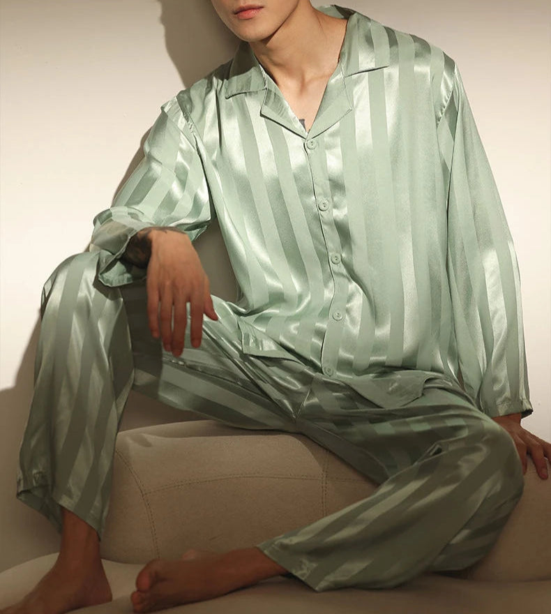 Men’s & Teen Boys Pajama Set – Thin Ice Silk Long Sleeve Sleepwear, Spring/Autumn Loungewear