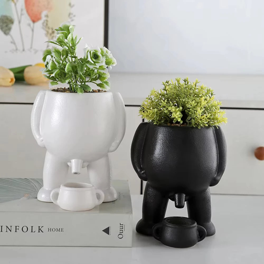 The Pot That Pees – Funny Ceramic Planter for Desk or Patio Black White Peeing Boy Cheeky Present Gift