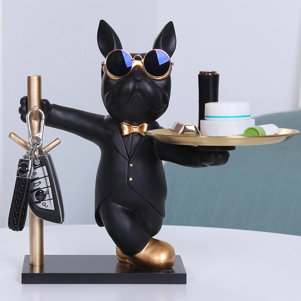 Bulldog Teddy “Cool Butler” Sculpture – Resin Dog Ornament with Storage Tray | Nordic Table Decor & Coin Piggy Bank