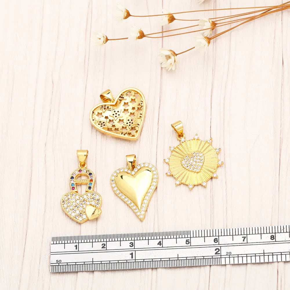 Trendy Gold-Plated Heart Pendant – Lock & Star Amulet Charm for Necklace Making, Shiny Crystal Jewellery Supplies