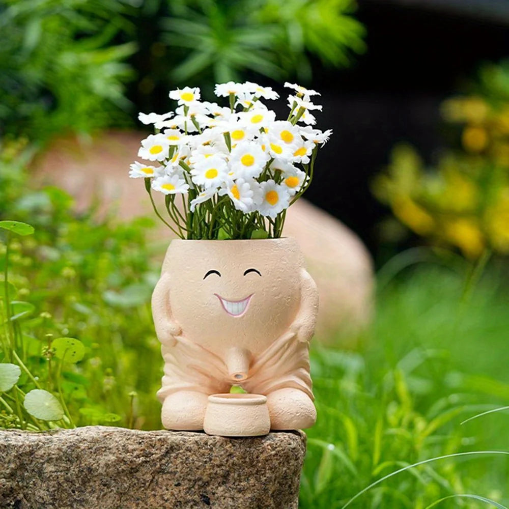 Human Face Flower Pot – Unique Fun Head Planter Vase with Drainage for Outdoor Plants, Garden, Patio, and Office Decor Funny Gift Present Peeing Boy