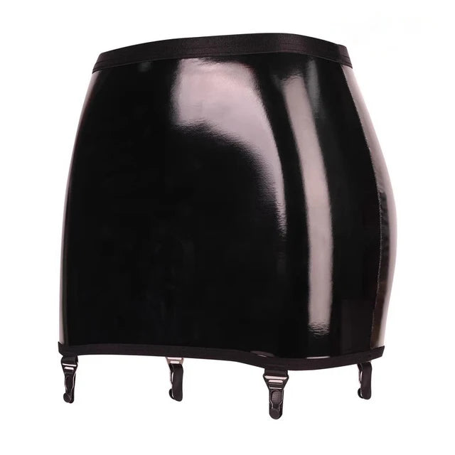 Sexy Women’s Shiny Oil-Slick Hip Wrap Mini Skirt with Metal Buckle Garters – Erotic Faux Leather Clubwear