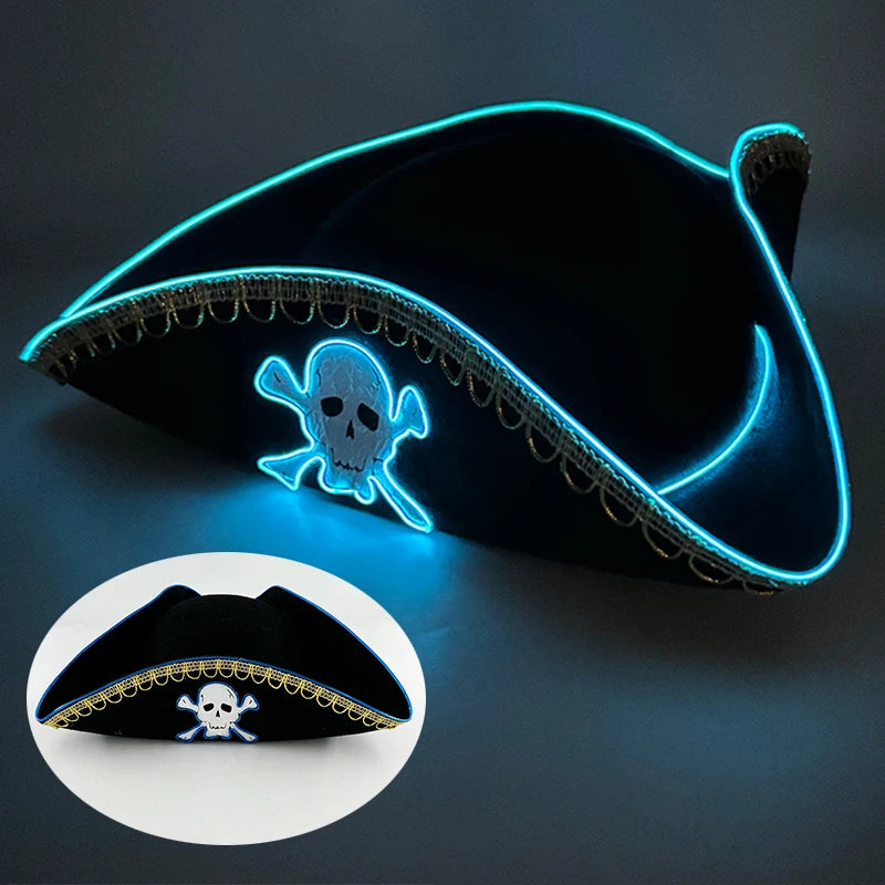 Glowing LED Pirate Hat – Black Skull Cap for Adults – Light-Up Halloween & Pirate Theme Party Costume Accessory