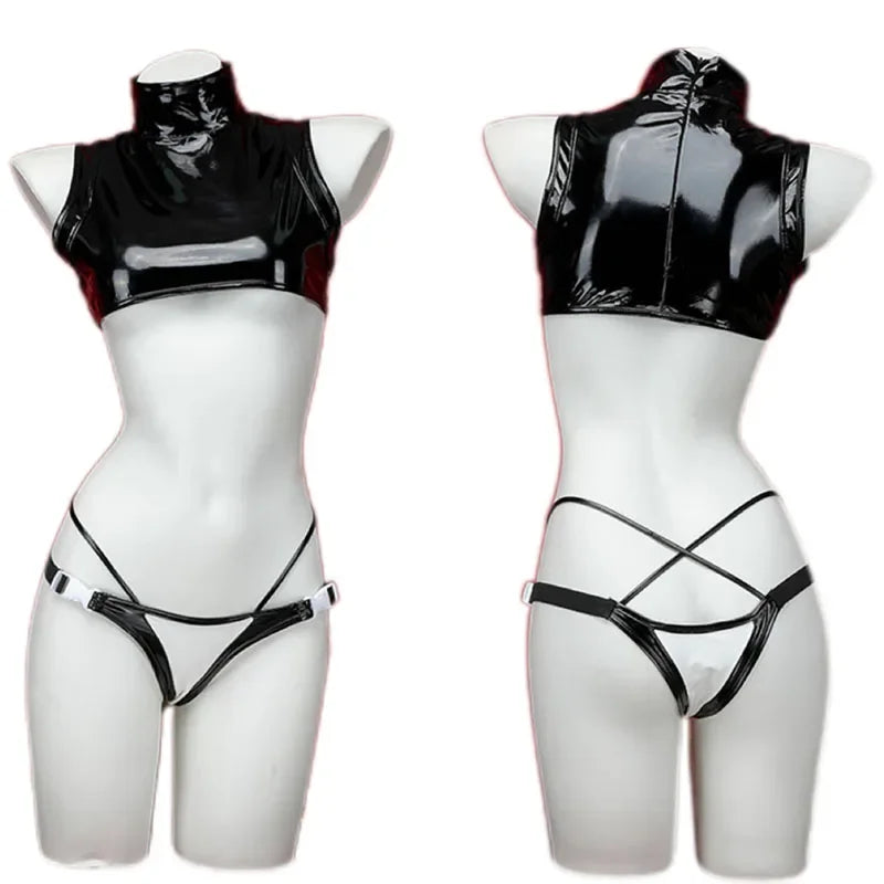 Glossy Black Leather Anime Bodysuit – Tight Combat Outfit for Women | Motorcycle Girl & Mecha-Inspired Cosplay Costume