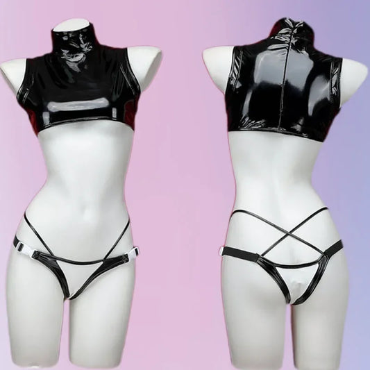 Glossy Black Leather Anime Bodysuit – Tight Combat Outfit for Women | Motorcycle Girl & Mecha-Inspired Cosplay Costume