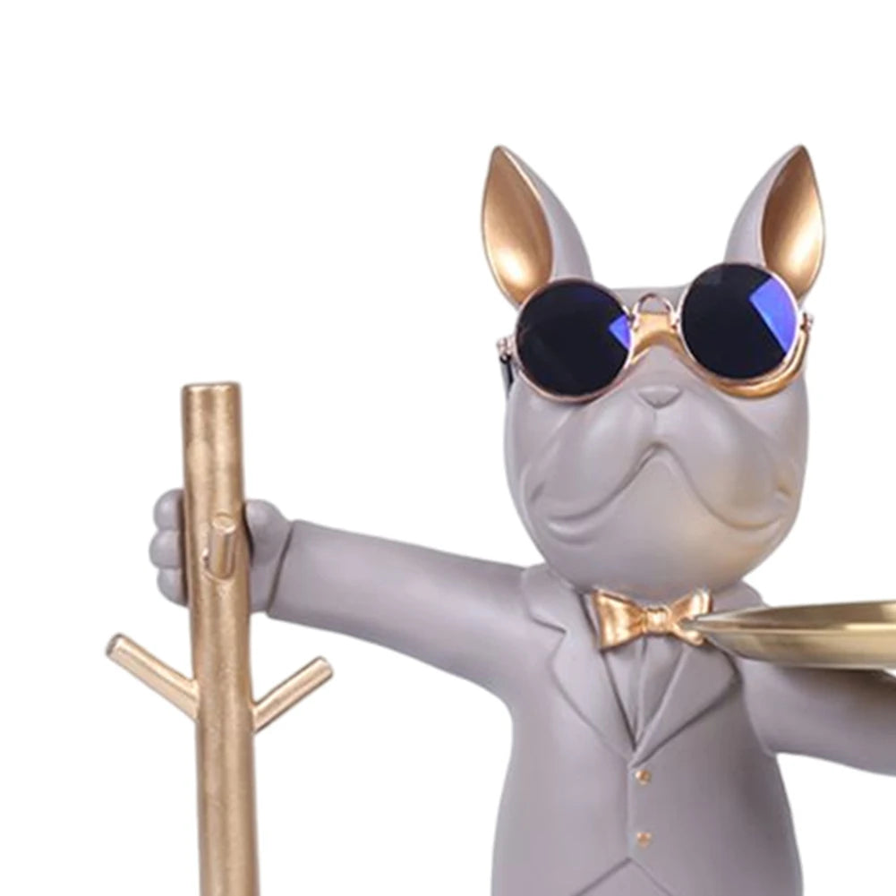 Bulldog Teddy “Cool Butler” Sculpture – Resin Dog Ornament with Storage Tray | Nordic Table Decor & Coin Piggy Bank