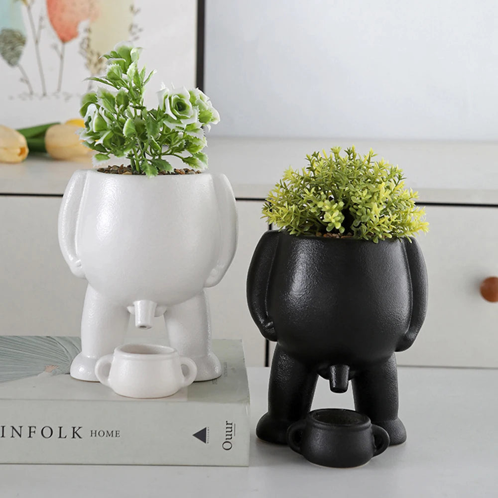 The Pot That Pees – Funny Ceramic Planter for Desk or Patio Black White Peeing Boy Cheeky Present Gift
