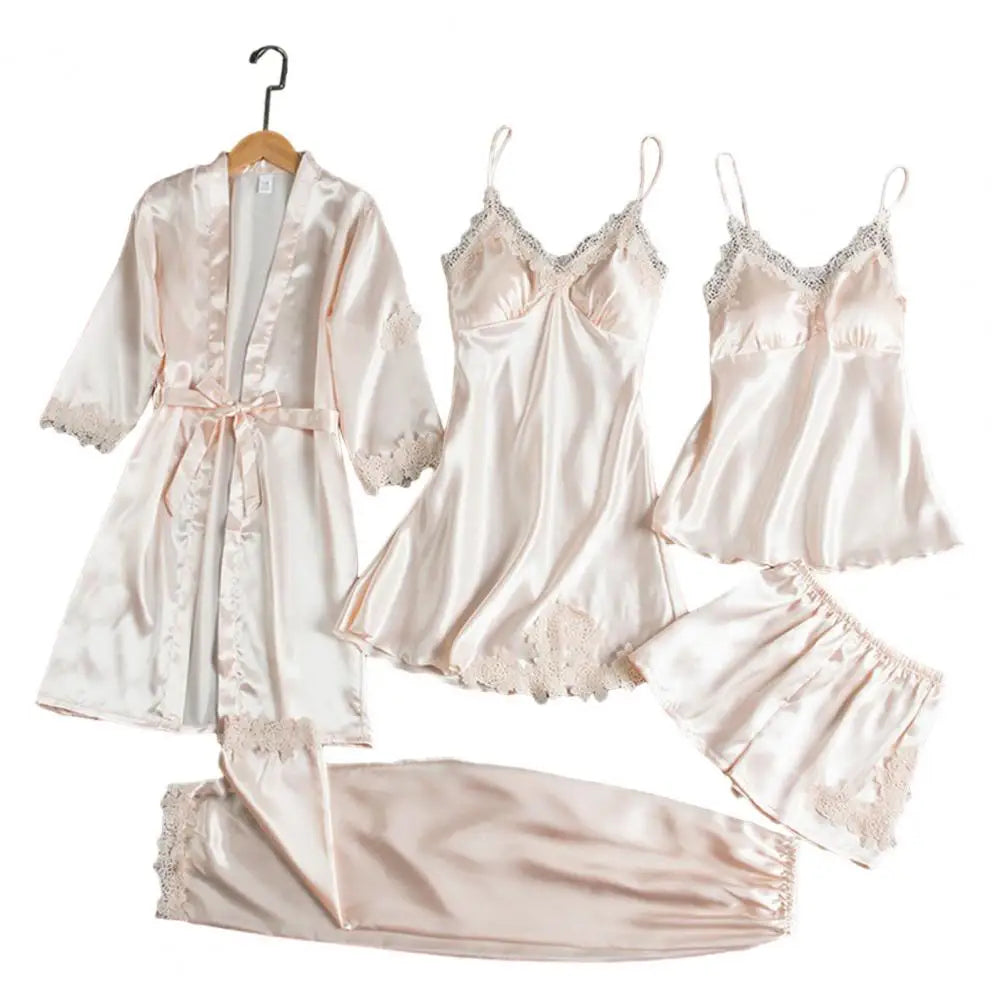 Elegant Women's 5-Piece Satin Pajama Set – Lightweight Lace Sleepwear with Robe, Dress, Top, Shorts & Pants