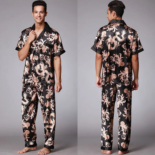 Luxury Comfort – Dragon Print Satin Pijamas for Men