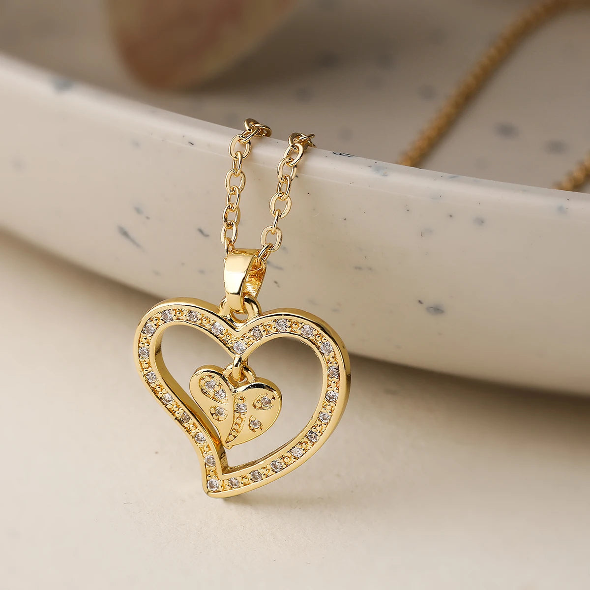 Shimmering Zircon Heart Necklace – Gold Stainless Steel