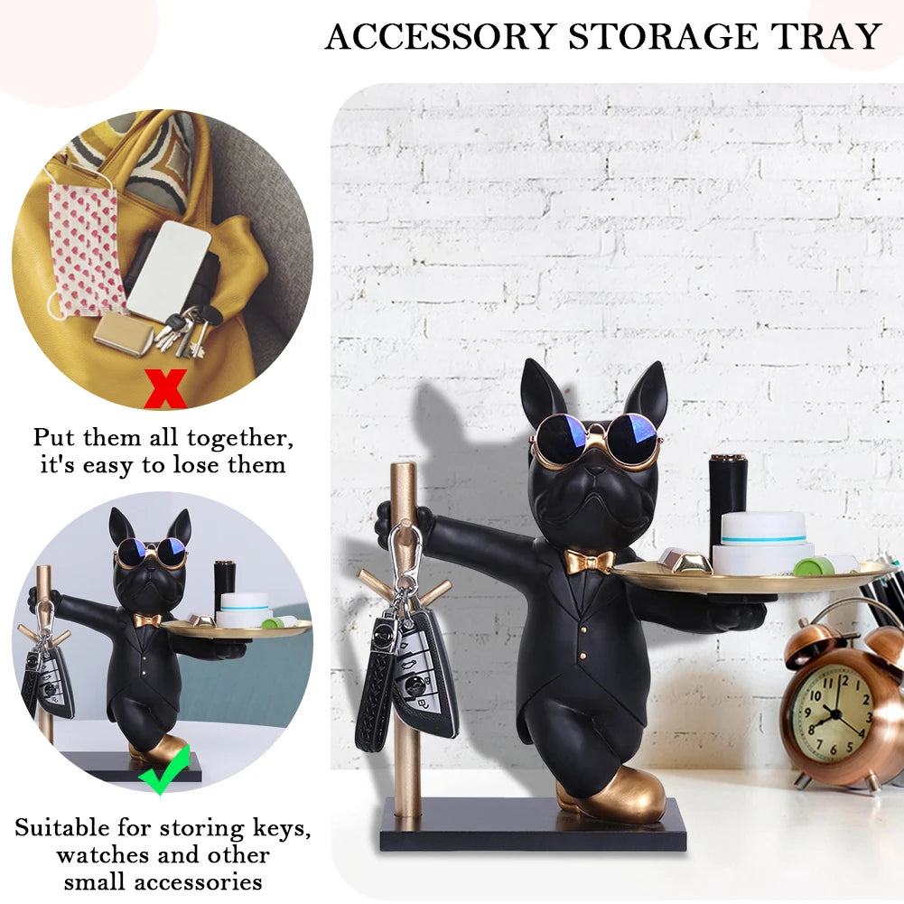 Bulldog Teddy “Cool Butler” Sculpture – Resin Dog Ornament with Storage Tray | Nordic Table Decor & Coin Piggy Bank
