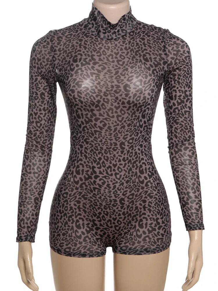 Leopard Print Sheer Romper – Sexy Long Sleeve Turtleneck Stretch Playsuit for Women, Fall Nightclub Outfit