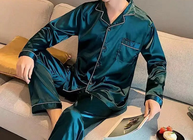 Men’s & Teen Boys Pajama Set – Thin Ice Silk Long Sleeve Sleepwear, Spring/Autumn Loungewear