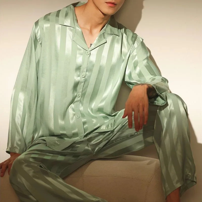 Men’s & Teen Boys Pajama Set – Thin Ice Silk Long Sleeve Sleepwear, Spring/Autumn Loungewear