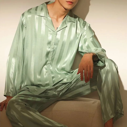 Men’s & Teen Boys Pajama Set – Thin Ice Silk Long Sleeve Sleepwear, Spring/Autumn Loungewear