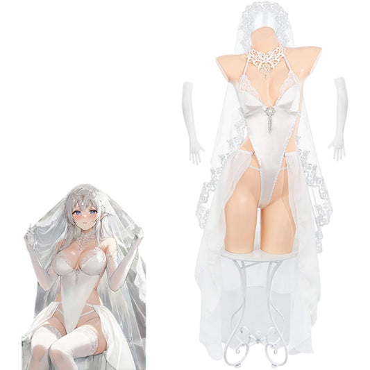 Sexy Anime Bride Costume – Women’s Lace Wedding Dress Bodysuit with Veil for Cosplay & Roleplay
