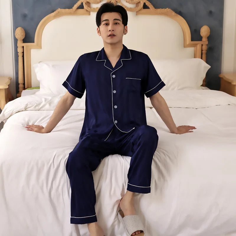 Men’s High-Quality Pajama Set – Short & Long Sleeve, Ice Silk Sleepwear, Plus Sizes