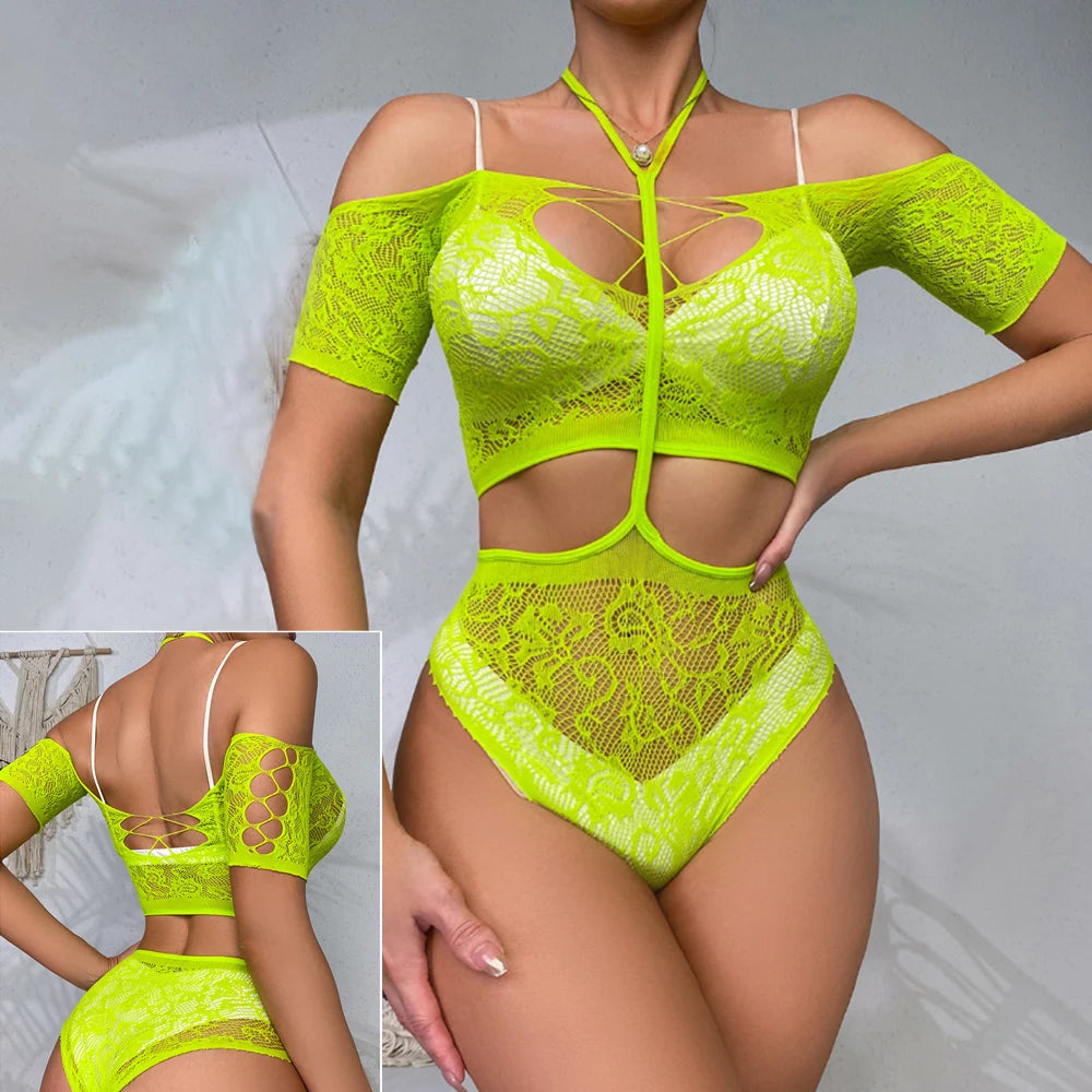 Black net Lace Bodysuit Tops For Women Off-Shoulder Hollow Out Mesh Sheer Body Top Female Hot Backless Nightclub Lingerie Top