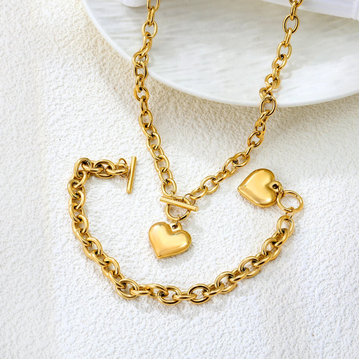 Heart Love Jewelry Set – Necklace & Bracelet Set for Women | Glossy Waterproof Stainless Steel, Romantic Birthday Gift